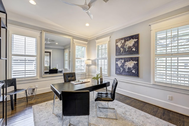 office area featuring ceiling fan, ornamental molding, and dark hardwood / wood-style floors