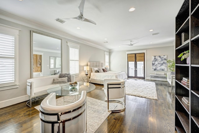 bedroom featuring crown molding, dark wood-type flooring, ceiling fan, access to outside, and french doors