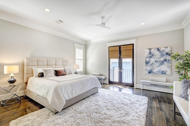 bedroom with dark hardwood / wood-style flooring, ornamental molding, access to exterior, ceiling fan, and french doors