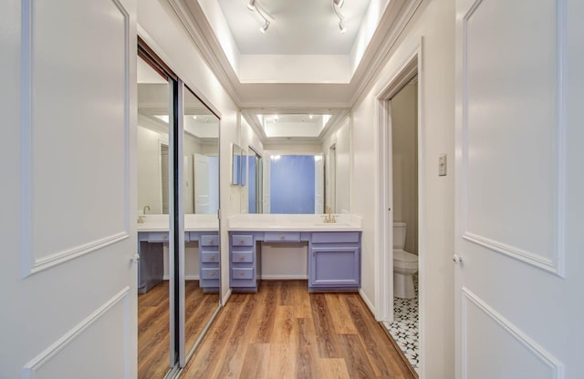 bathroom featuring vanity, a raised ceiling, hardwood / wood-style flooring, toilet, and ornamental molding