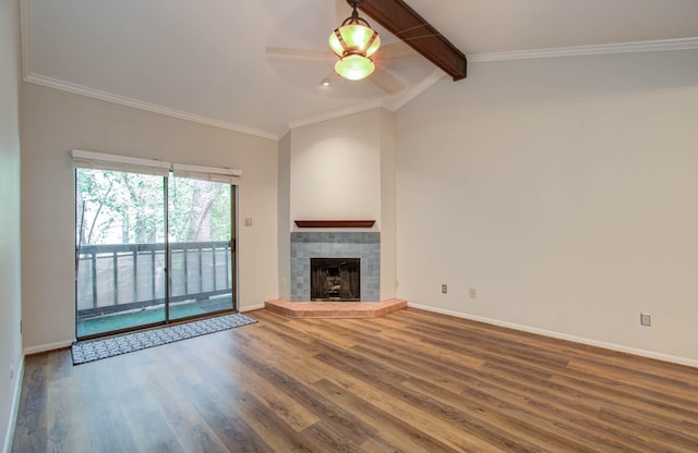 unfurnished living room featuring hardwood / wood-style floors, crown molding, vaulted ceiling with beams, ceiling fan, and a fireplace