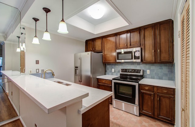 kitchen with a raised ceiling, sink, decorative backsplash, appliances with stainless steel finishes, and decorative light fixtures