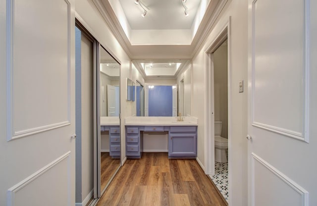 bathroom with ornamental molding, vanity, a tray ceiling, wood-type flooring, and toilet