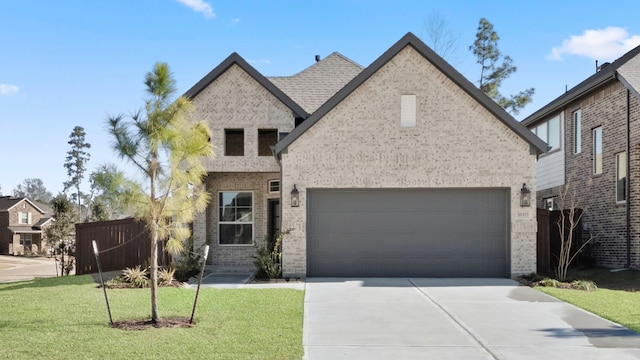 view of front of house with a front yard, brick siding, driveway, and an attached garage