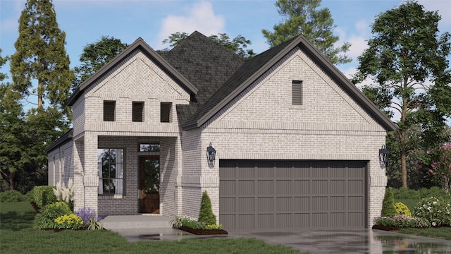 view of front of house featuring a garage, concrete driveway, and brick siding