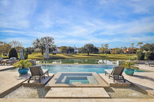 view of swimming pool featuring a water view, an in ground hot tub, and a patio area