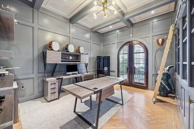 home office featuring french doors, coffered ceiling, ornamental molding, beamed ceiling, and light parquet flooring