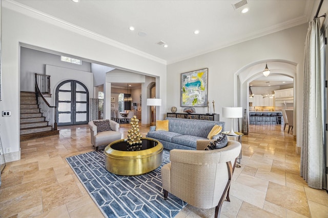 living room with crown molding