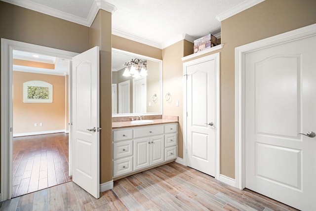 bathroom with wood-type flooring, ornamental molding, and vanity