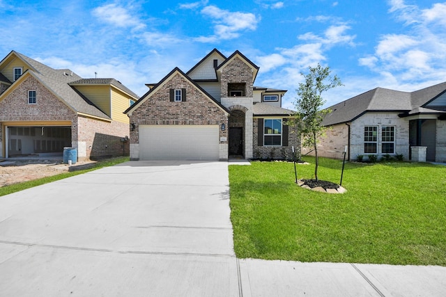 view of front of home with brick siding, stone siding, a front lawn, and concrete driveway