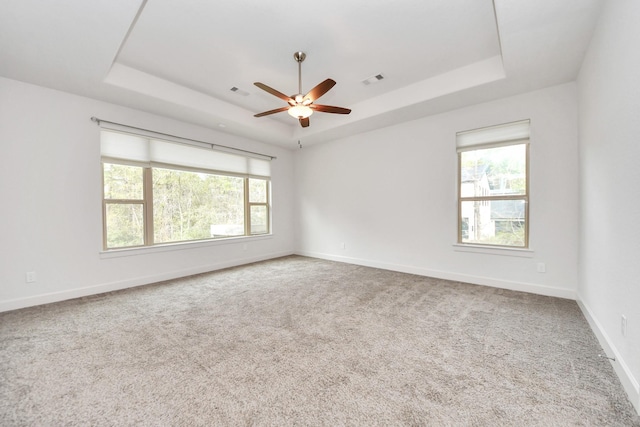 empty room with ceiling fan, a tray ceiling, a wealth of natural light, and carpet