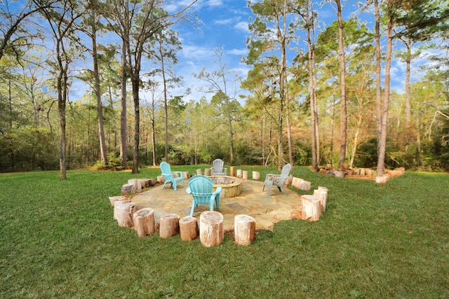 view of yard with a patio and a fire pit