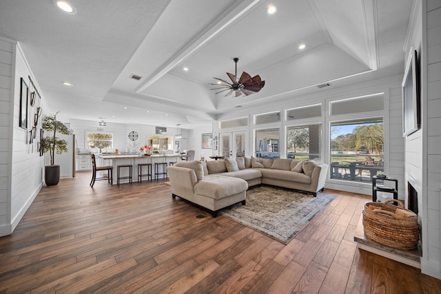 living room with a raised ceiling, dark hardwood / wood-style flooring, and a healthy amount of sunlight