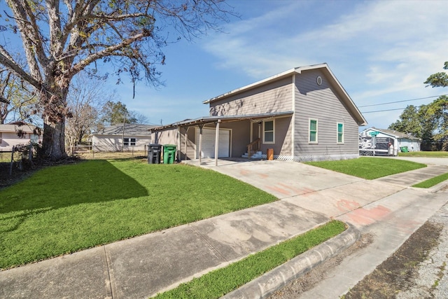 exterior space with a lawn and a garage