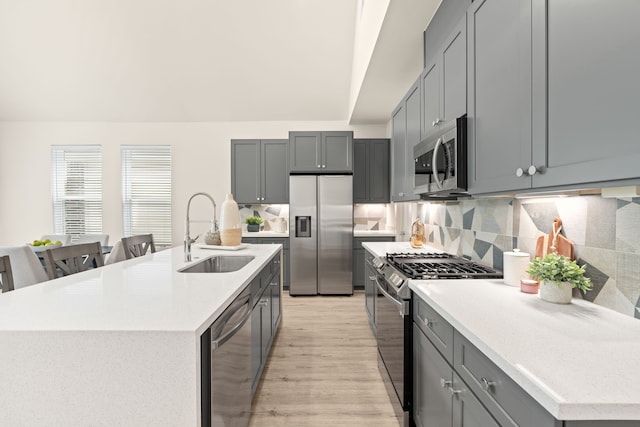 kitchen with a center island with sink, gray cabinets, appliances with stainless steel finishes, decorative backsplash, and sink