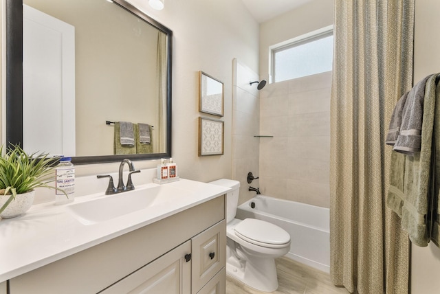 full bathroom with vanity, toilet, and shower / bathtub combination with curtain