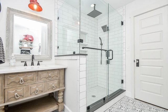 bathroom featuring tile patterned flooring, vanity, and walk in shower