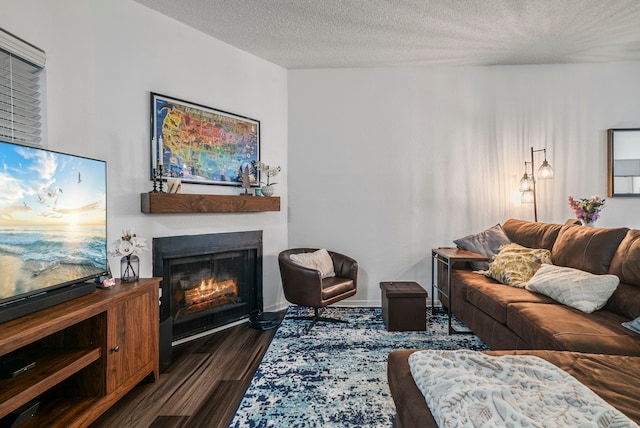 living room featuring dark hardwood / wood-style flooring and a textured ceiling