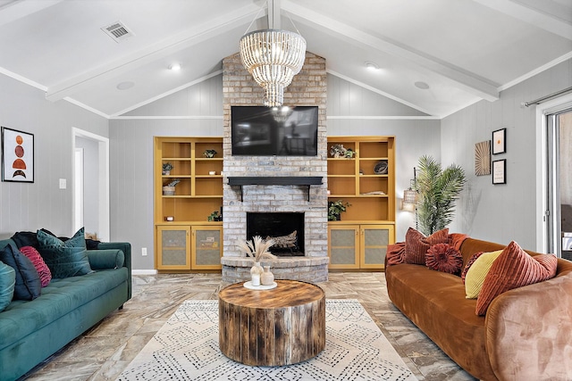 living room with lofted ceiling with beams, built in features, a chandelier, and a brick fireplace