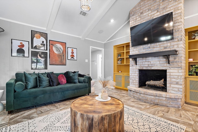 living room featuring a fireplace, built in shelves, and wood walls