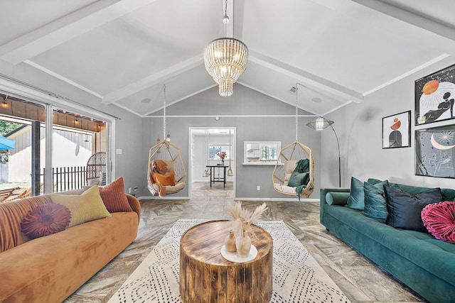 living room with lofted ceiling with beams and an inviting chandelier