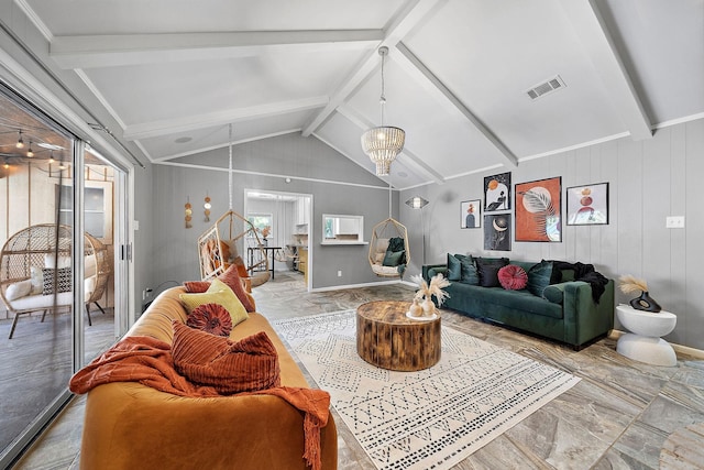 living room featuring a chandelier and vaulted ceiling with beams