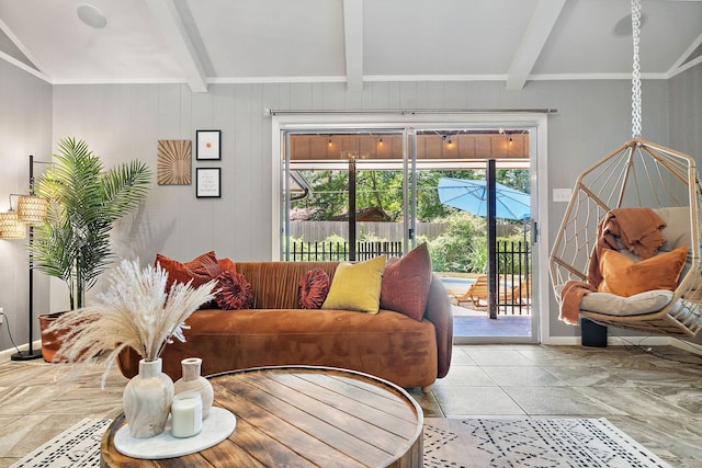 living room featuring light tile patterned flooring, beam ceiling, and wood walls