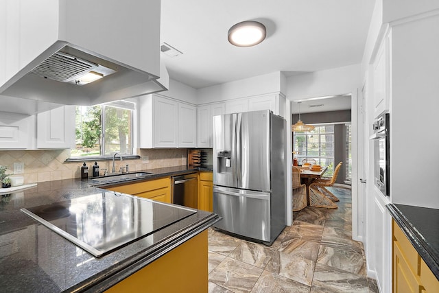 kitchen featuring black appliances, white cabinets, sink, tasteful backsplash, and island exhaust hood