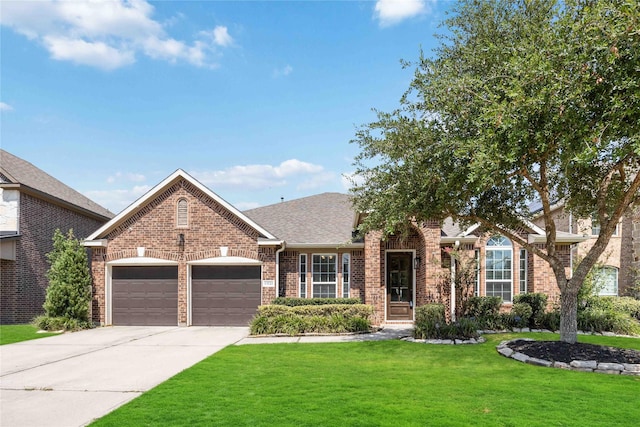 view of front of house with a front yard and a garage