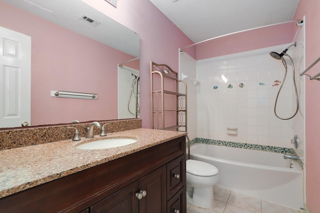 full bathroom featuring vanity, tile patterned flooring, tiled shower / bath, and toilet