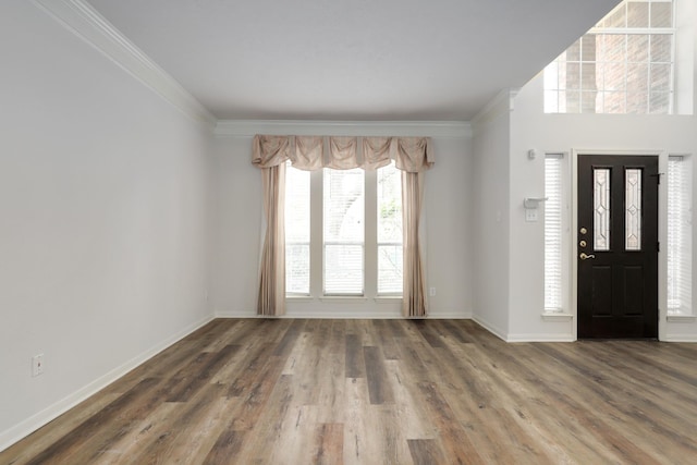 foyer entrance featuring crown molding and hardwood / wood-style flooring