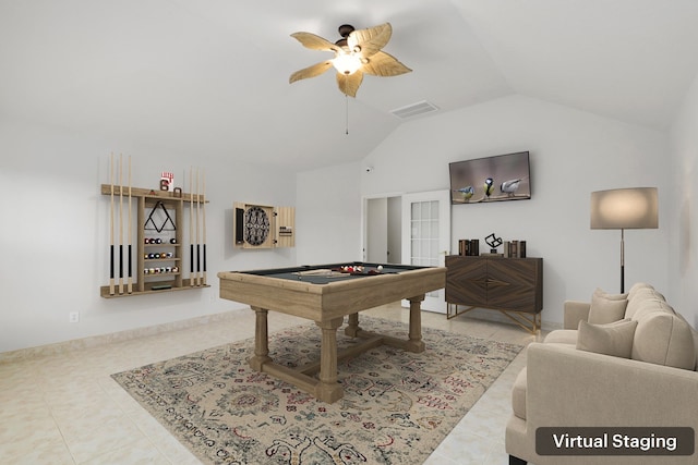 game room with light tile patterned floors, vaulted ceiling, ceiling fan, and billiards