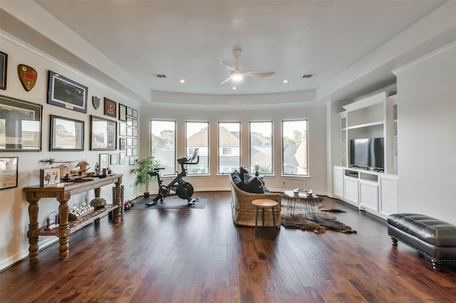 exercise area featuring dark hardwood / wood-style flooring and ceiling fan