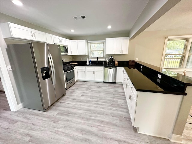 kitchen with white cabinets, kitchen peninsula, and stainless steel appliances