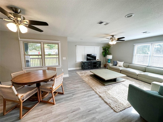 living room with ceiling fan, a healthy amount of sunlight, a textured ceiling, and light wood-type flooring