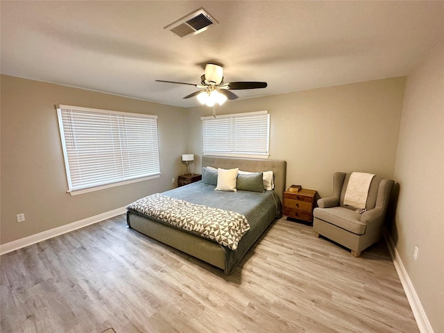 bedroom with ceiling fan and light hardwood / wood-style floors