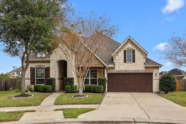 view of front of property with a front yard and a garage