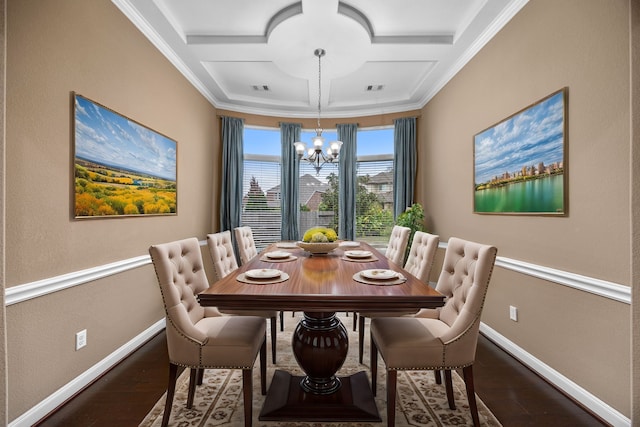 dining space with coffered ceiling, crown molding, beam ceiling, hardwood / wood-style flooring, and a chandelier