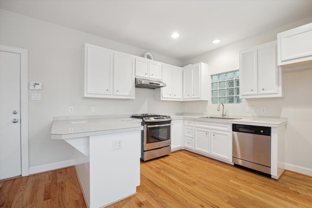 kitchen with sink, light wood-type flooring, white cabinetry, kitchen peninsula, and stainless steel appliances