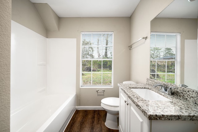 bathroom featuring hardwood / wood-style floors, vanity, and toilet