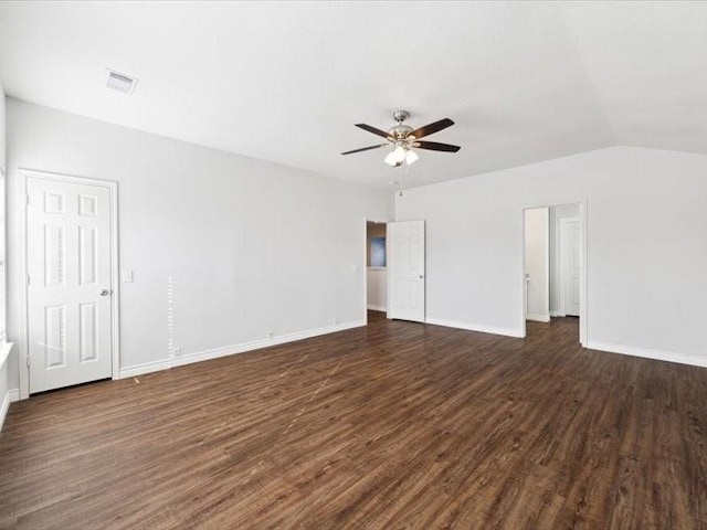 unfurnished room with ceiling fan and dark wood-type flooring