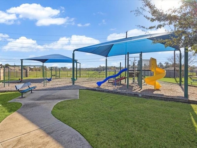 view of jungle gym featuring a yard