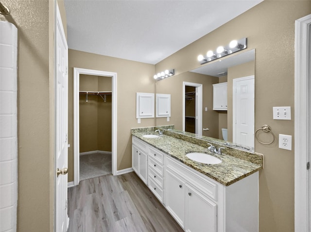 bathroom with toilet, vanity, and hardwood / wood-style flooring