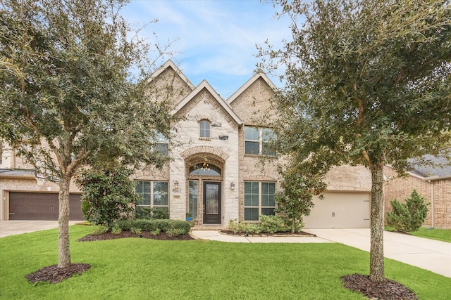 french country inspired facade with a front lawn and a garage