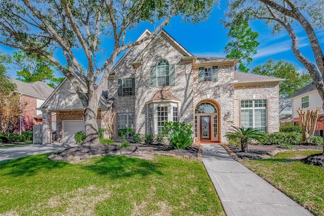 view of front of property with a front lawn and a garage