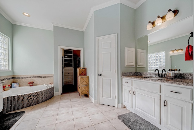 bathroom featuring vanity, plenty of natural light, crown molding, and tile patterned floors