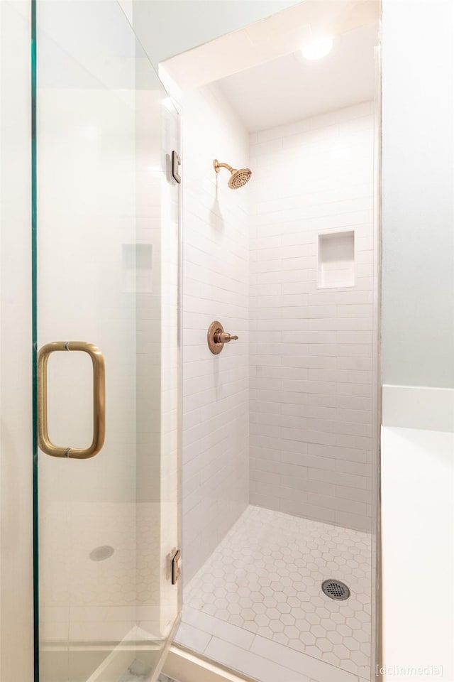 bathroom featuring a shower with door