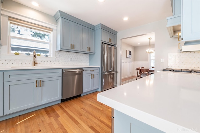 kitchen featuring appliances with stainless steel finishes, sink, decorative backsplash, and light wood-type flooring