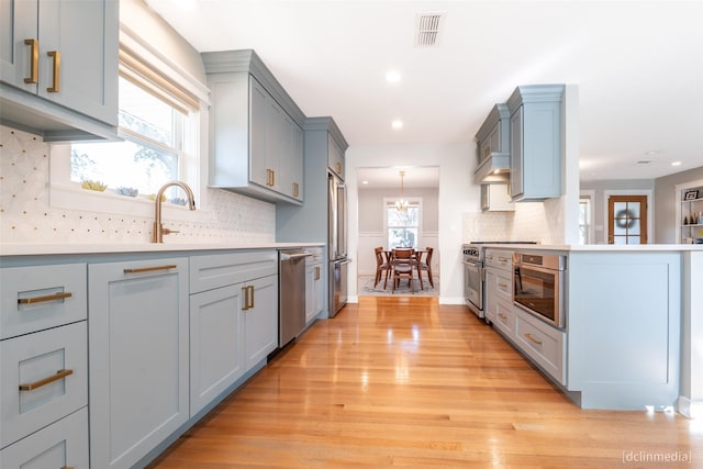 kitchen with plenty of natural light, appliances with stainless steel finishes, light wood-type flooring, and backsplash