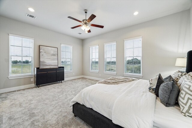 carpeted bedroom with ceiling fan and multiple windows